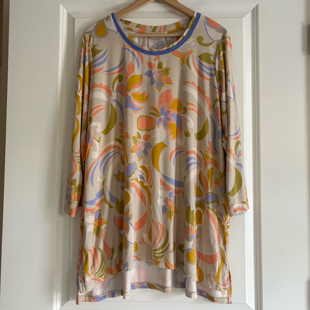 LOGO by Lori Goldstein Beige Floral Swirl Tunic with Coral, Olive & Lavender